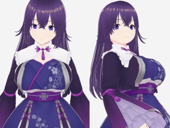 青紫の和模様ドレスの巨乳美女（セリフなし  3DCGモデル  イラスト集）