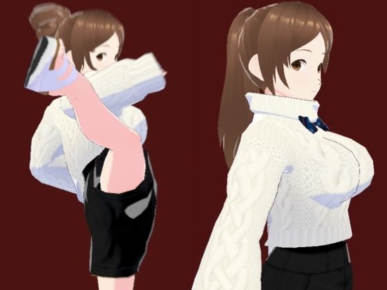 白いタートルネックセーターに黒いショートパンツのお姉さん（セリフなし  3DCGモデル  イラスト集）
